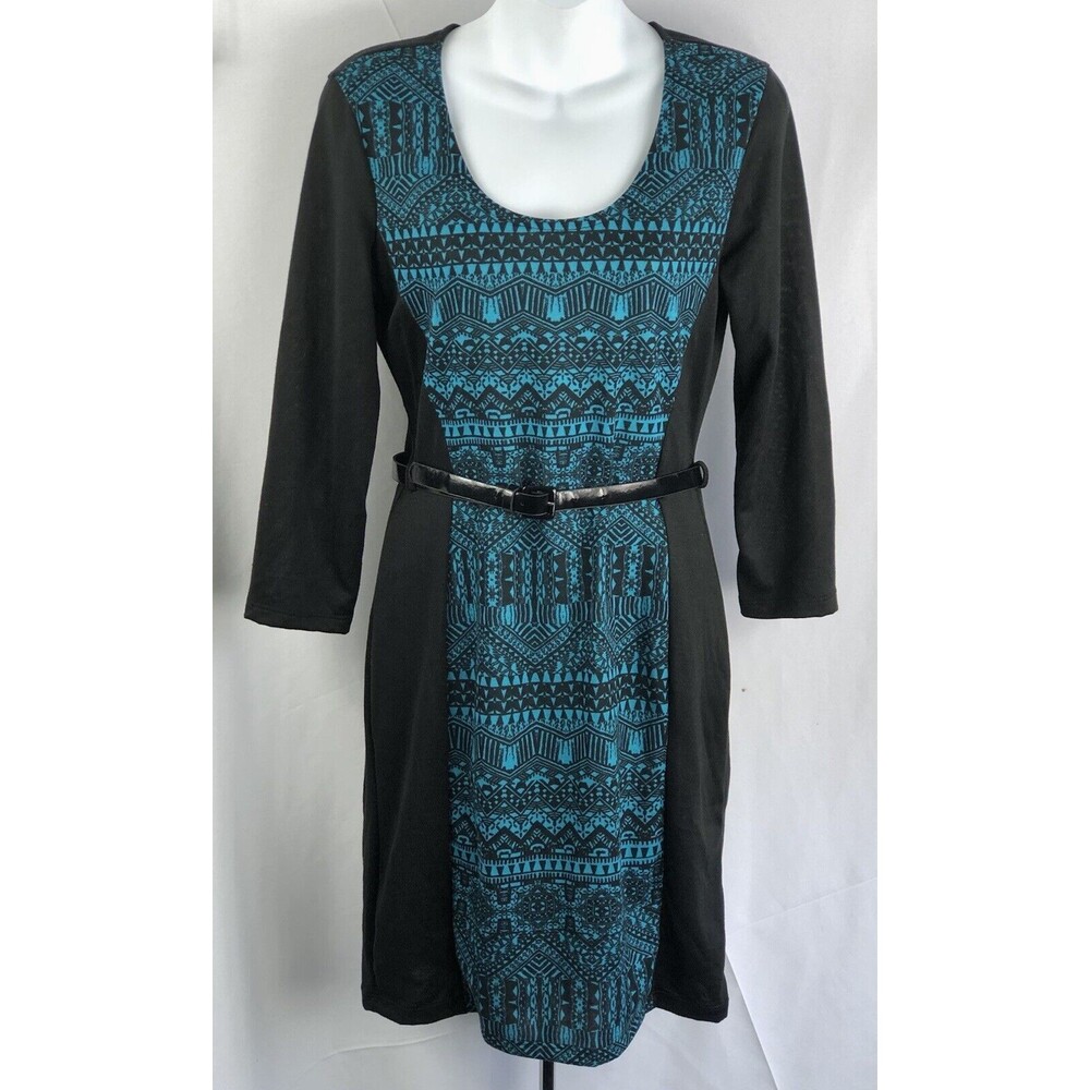 Bobbie Brooks Midi sweater dress S blk/teal Aztec scoop belt 3/4 Sleeve Academia